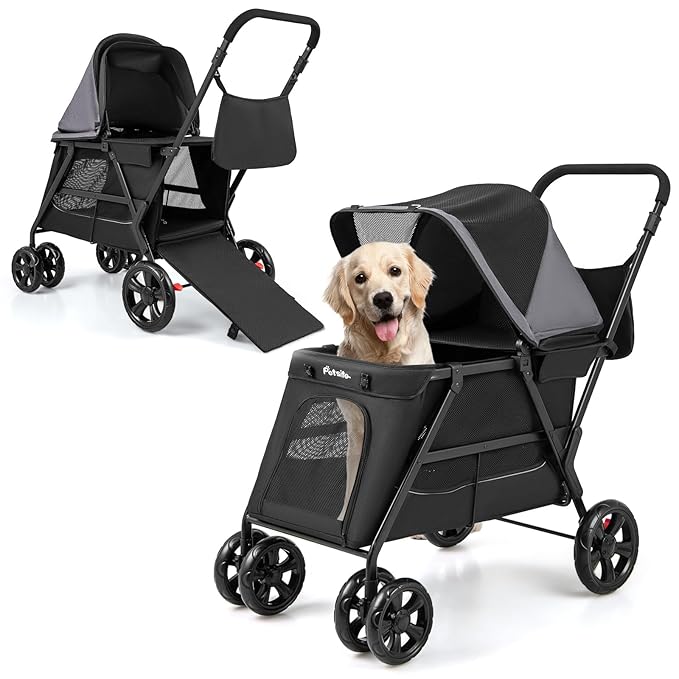 PETSITE 4 Wheels Dog Stroller, Foldable Cat Stroller with Dual Entries, Ramp, Mesh Windows, Adjustable and Detachable Canopy, and All-Terrain Wheels with Brake, Ideal for Small Medium Dogs