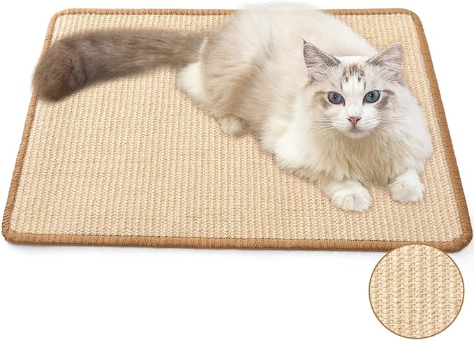 FUKUMARU Cat Scratcher Mat, 23.6 X 15.7 Inch Natural Sisal Cat Scratch Mats, Horizontal Cat Floor Scratching Pad Rug with Sticky Tapes, Protect Sofa and Carpet