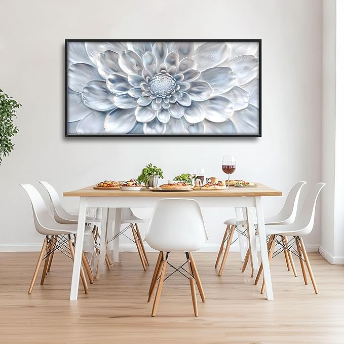 Abstract Flower Large Wall Art White Silver Floral Pictures Wall Decor Neutral Canvas Print Painting Artwork for Bathroom Living Room Bedroom 60L" x 30W"
