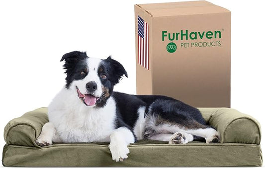 Furhaven Cooling Gel Dog Bed for Large/Medium Dogs w/ Removable Bolsters & Washable Cover, For Dogs Up to 55 lbs - Faux Fur & Velvet Sofa - Dark Sage, Large