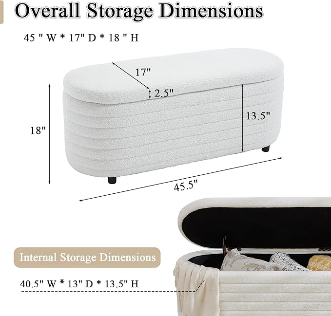 Storage Teddy Ottoman Bench Upholstered Fabric Storage Bench End of Bed Stool with Safety Hinge for Bedroom, Living Room, Entryway, Closet(44.5", White)