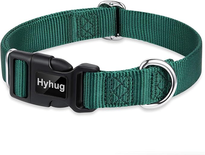 Hyhug Pets Solid Color Classic Regular Heavy Duty Basic Collar for Medium Dogs Daily Use, Unique Design Adjustment Triglide Slide (Buckle) Can Attached Name Tag Accessories. (Medium, Dark Green)