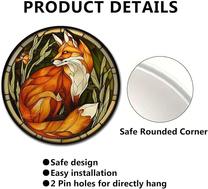 Lygond Metal Sign Tin Sign Circular Stained Glass Red Fox Sign Garden Outside for Patio 12×12 Inches