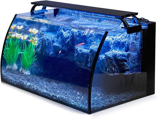 hygger Horizon 8 Gallon LED Glass Aquarium Kit for Starters with 7W Power Filter Pump, 18W Colored led Light, Wide View Curved Shape Fish Tank with Undetachable 3D Rockery Background Decor