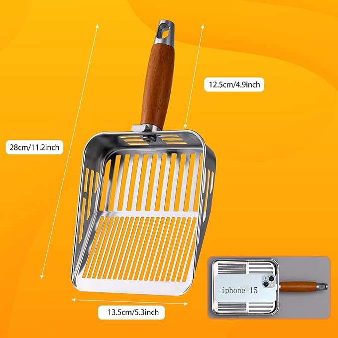 304 Stainless Steel Cat Litter Scoop, One-Piece Pressed Design with No Weld Spots, Durable Anti-Break Handle, Dual Slot Sizes, Easy to Clean, Filters Small Litter Clumps Litter Scoop