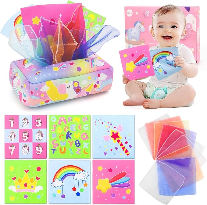 Baby Toys 6 to 12 Months - Tissue Box Toy, Tissue Learning Toys with Alphabet Number Color Sound, Baby Sensory Toy Gifts for 6 9 12 18 Months Old