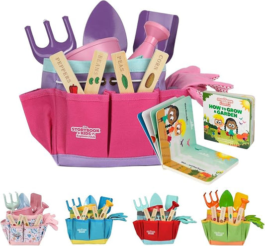 Pink Kids Gardening Tools - includes Sturdy Tote Bag, Watering Can, Gloves, Shovels, Garden Stakes, and a Delightful Children's Book "How to" Garden Tale - Kids Garden Tool set for toddler age on up.