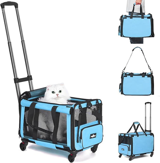 Pet Carrier with Wheels, Durable Airline Approved Cat Crate, Foldable Rolling Dog Carrier, Cat Rolling Bag for Cat &Dog, Use for Travel, Outdoor, Vet Visits, Camping, Indoor. Blue.
