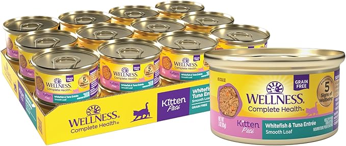 Wellness Complete Health Pate Kitten Wet Cat Food Canned Food, Natural, Protein-Rich, Grain Free, 3 Ounce Cans, 24 Pack, (Whitefish & Tuna)