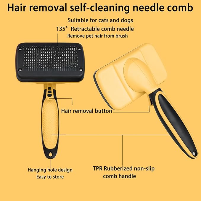 Self cleaning slicker brush for dogs and cats, skin-friendly grooming cat brush, easy-to-clean dog hair brush, depilatory brush, hair brush puppy brush, pet cleaning accessories (Yellow)
