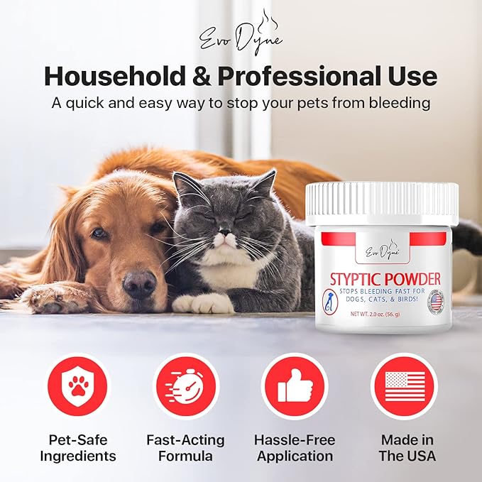 Styptic Powder for Dogs, Cats, and Birds (2 oz) by Evo Dyne | Fast-Acting Blood Stop for Pets | Quick Stop Bleeding Powder for Dog Nail Clipping, Grooming, Cuts and More (1-Pack)