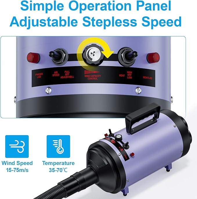 Professional Dog Grooming Dryer with Heater, 5.2HP High-Power Dog Blower, Variable Speed Adjustable, Low Noise Pet Hair Dryer for All Breeds(Purple)