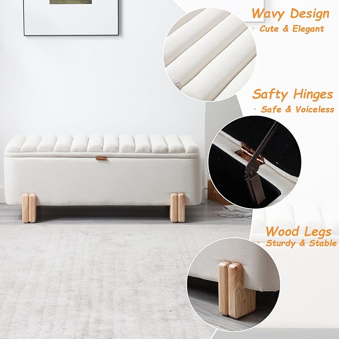 Kmax 45" Storage Bench Linen Entryway Bench Upholstered Ottoman Bench with Wavy Top & Safty Hinge for Bedroom Living Room Hallway, Beige