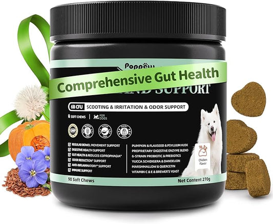 Premium Dog Digestive Enzymes and Probiotics with Pumpkin for Gut Health Support - Daily Chews for Digestion & Gas Relief - Chicken Flavor-90 Count