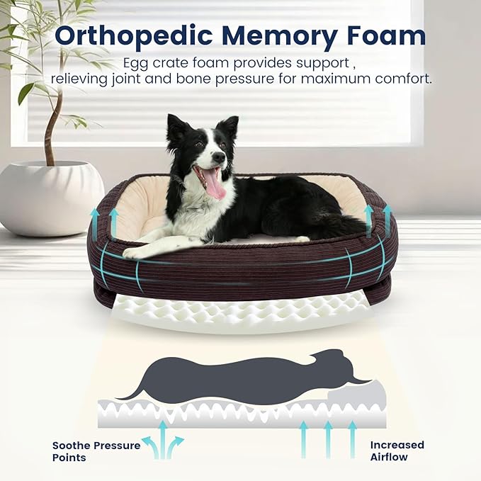 Orthopedic Dog Bed for Large Size Dog Washable Cover, Egg Crate Foam Cat Bed for Senior Cat,Oval Kennel Bed, Pet Couch Bed with Four Sided Bolster, Removable Washable Cover Non-Slip Bottom, Brown