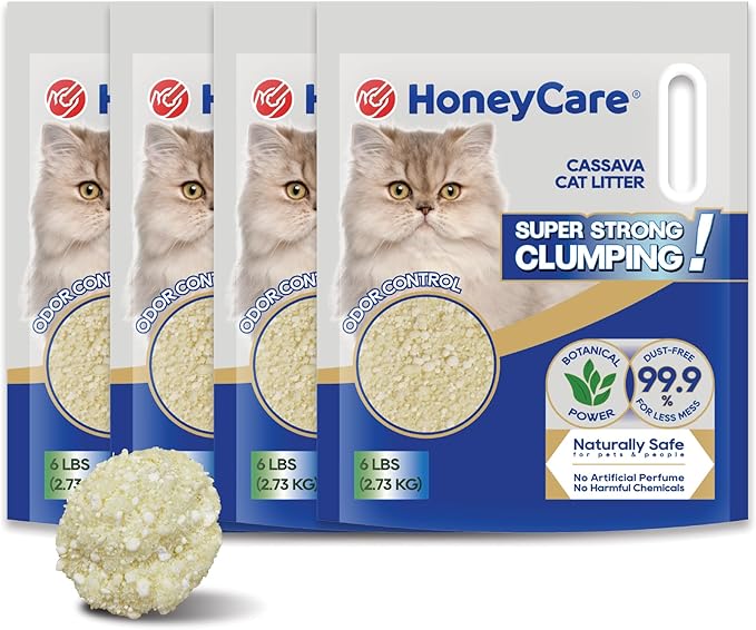 HoneyCare Cassava Cat Litter | Natural Plant-Based Litter | Quick Clumping & Low Dust | Superior Odor Control | Sustainable & Flushable Formula | 24-lbs Value Pack (6 lbs x 4)