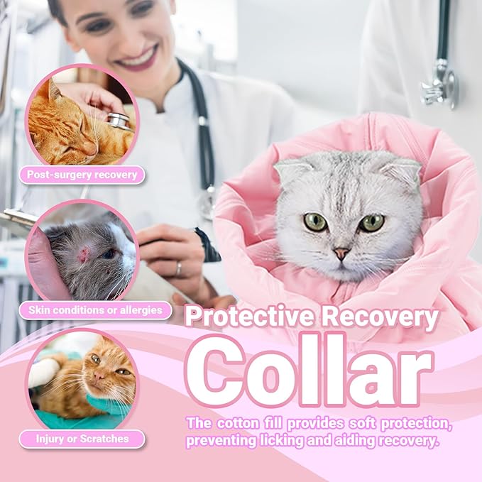 Cat Recovery Collar, Soft Adjustable Cone for Cats and Kittens, Lightweight Waterproof Elizabethan Collar for After-Surgery Care, Prevent Licking and Scratching, Neck Protector for Pets（Pink,M）