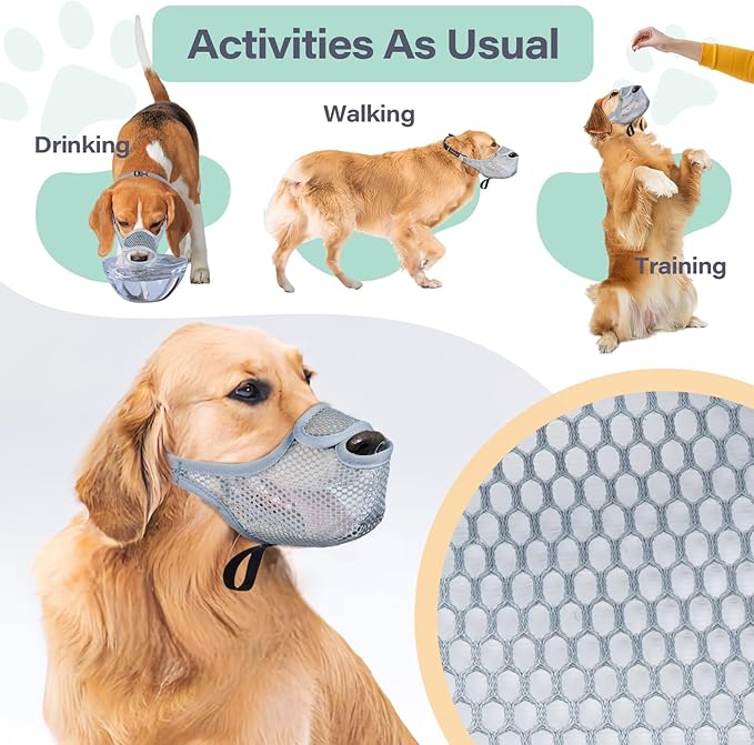 LUCKYPAW Dog Muzzle for Large Medium Small Dogs, Patented Mesh Muzzle to Prevent Biting Chewing Eating, Soft Mouth Guard with Front Opening Design for Drinking Panting(Grey, M)