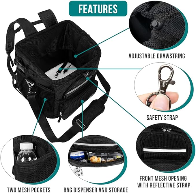 PetAmi Dog Bike Basket, Soft-Sided Ventilated Dog Bike Carrier Backpack, Pet Bicycle Basket for Bike Handlebar, Small Medium Puppy Cat Kitten Car Booster Seat with Safety Strap, Max 18 lbs, Black