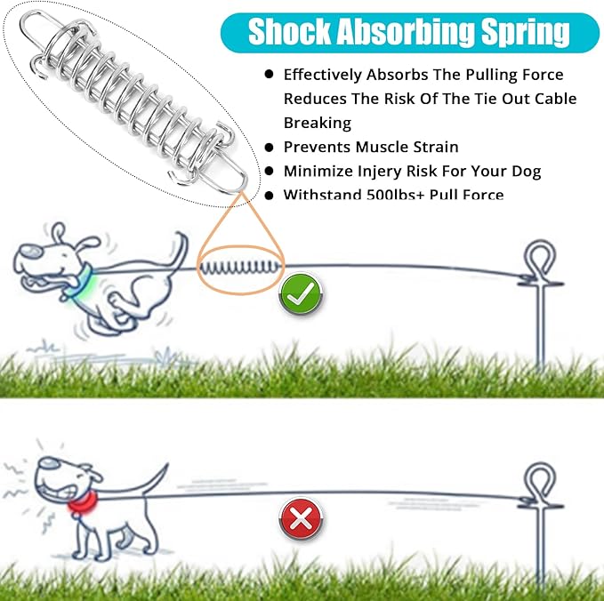 jenico Dog Tie Out Cable - 25ft Dog Lead for Yard - Heavy Duty Dog Chain with Shock Spring - Outdoor Tether Leash for Small Large Dogs Up to 500 lbs