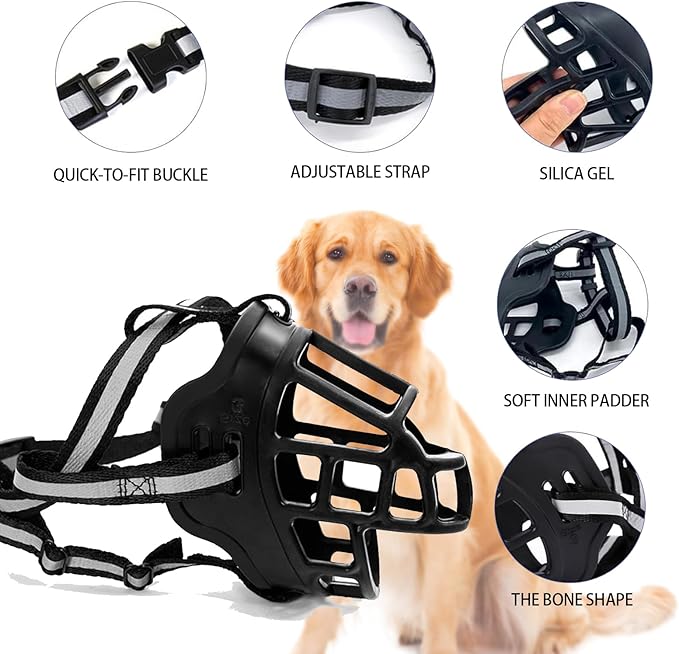 Dog Muzzle, Breathable Basket Muzzles for Small Medium Large Sized Dogs, Adjustable Humane Cage Mouth Cover for Scavenging Grooming Biting Chewing, Allows Panting and Drinking(Soft Rubber, L)