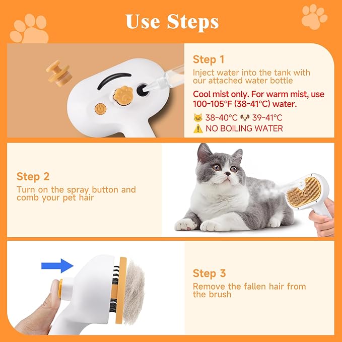 Cat Steam Brush, Pet Steam Brush for Cat & Dog, Mist Spray Comb, Spritz Defur Tool, Water Grooming Kit, Dog Hair Removal Steam Cleaner with Release Button