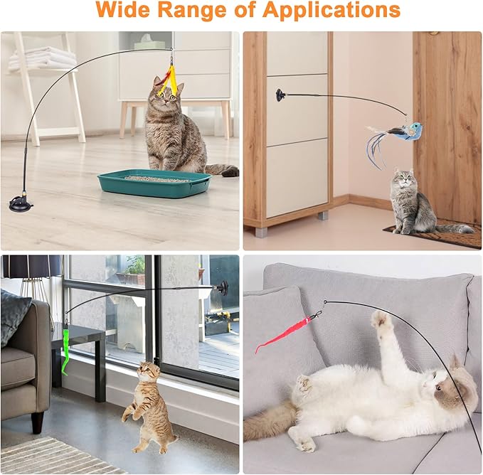 Cat Feather Toys, 10PCS Toys with Super Suction Cup, 2PCS Detachable Wand & 6PCS Replacement Teaser Refills, Interactive Indoor Cat Play