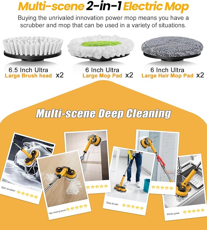 qimedo 6000mAh Battery Electric Mop M1, 800RPM Cordless Electric Power Scrubber & Mops for Floor Cleaning, Best Automatic Spin Mops with Smart Display,Rotating Mop with LED Light & Water Spray