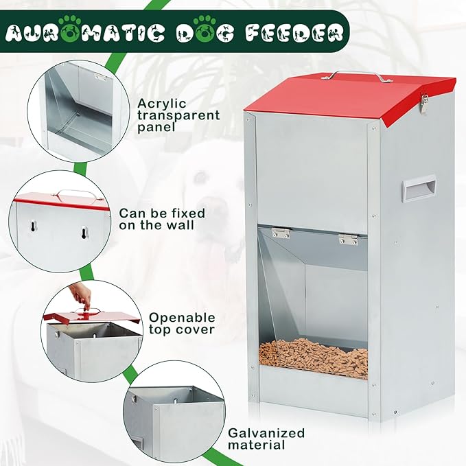 No Installation Large Galvanized Automatic Dog Feeder with Handle 25 Lbs Large Breed Dog Food Dispenser 11.5'' l x 9.8'' W x 23'' H Outdoor Hanging Gravity Food Feeder