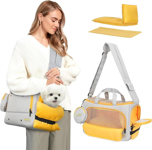 Small Dog Sling Carrier, Front Facing Dog Carrier Sling, Hands Free Pet Carriers Bag with Padded Adjustable Strap and Poop Dispenser Machine Washable for Small Dogs Cats Travel Outdoor-Grey
