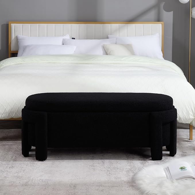 Modern Upholstered Storage Bench, Sherpa Fabric 50" Long Entryway Bench with Storage and Seating, Comfy Cute Ottoman Bench for Living Room/End of Bed/Hallway, Black