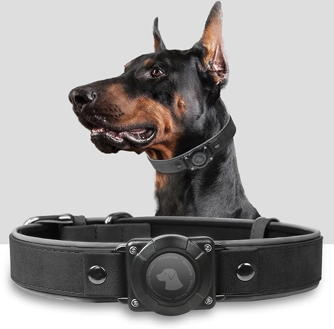 AirTag Dog Collar - Leather Dog Collar with Air Tag Holder | IPX8 Waterproof, Reflective, High - End, Adjustable Soft Padded | Dog GPS Tracker Collars Fit for Medium Large Dogs (Black, XL)