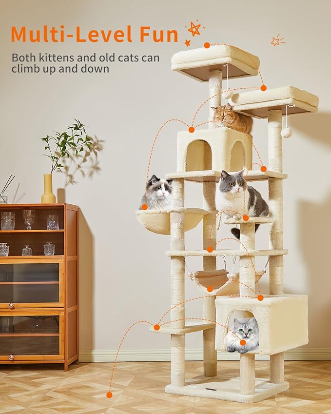 Taoqimiao Cat Tree, 71-Inch Cat Tree Cat Tower for Indoor Cats, Plush Multi-Level Cat Condo with 10 Scratching Posts, 2 Perches,Basket, 2 Caves,Hammock, 2 Pompoms,MS020M Beige