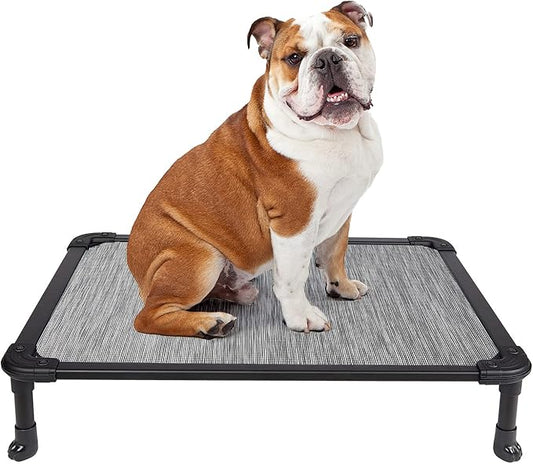 Veehoo Chew Proof Elevated Dog Bed - Cooling Raised Pet Cot - Rustless Aluminum Frame and Durable Textilene Mesh, Unique Designed No-Slip Feet for Indoor or Outdoor Use, Black Silver, Medium