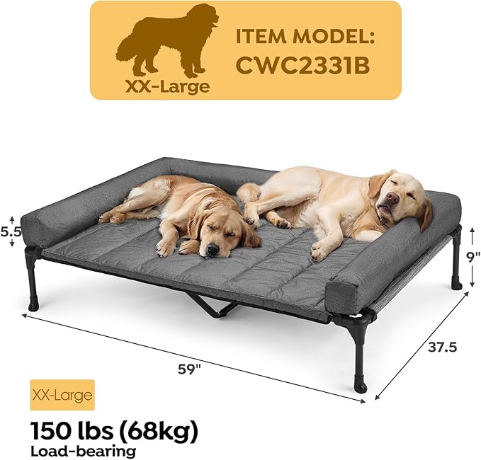 Veehoo Cooling Elevated Dog Bed Add Removable Waterproof Bolster Cushion Mat, Raised Pet Cot with Breathable Teslin Mesh, No-Slip Feet, Dog Sofa Bed for Indoor Outdoor, XXLarge, Black Silver