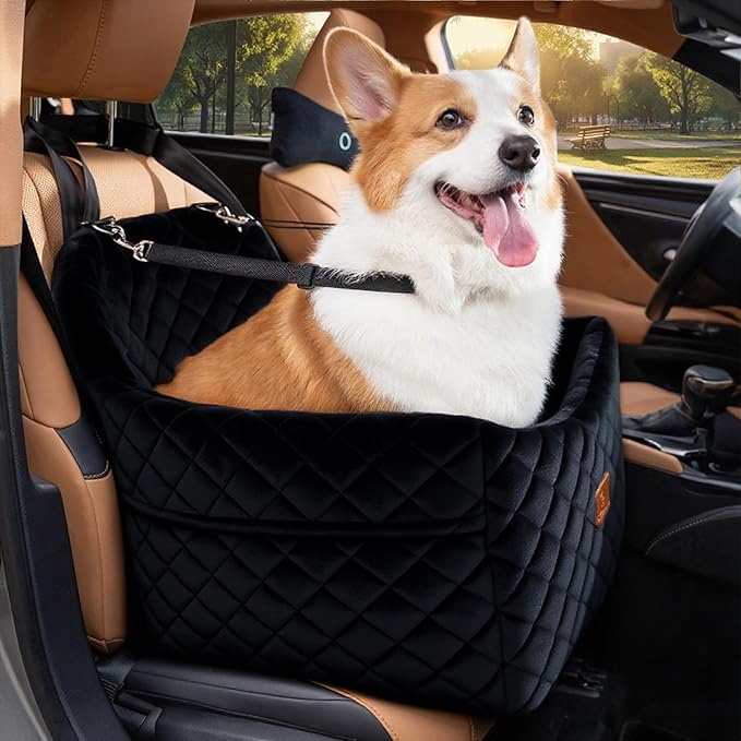 Dog Car Seats for Small Dogs, FurFrolic Memory Foam Dog Booster Seat for Small/Medium Dogs up to 35 lbs, Travel Pet Car Seat with Washable Detachable Cover, Storage Pockets, 2 Safety Belts (Black)