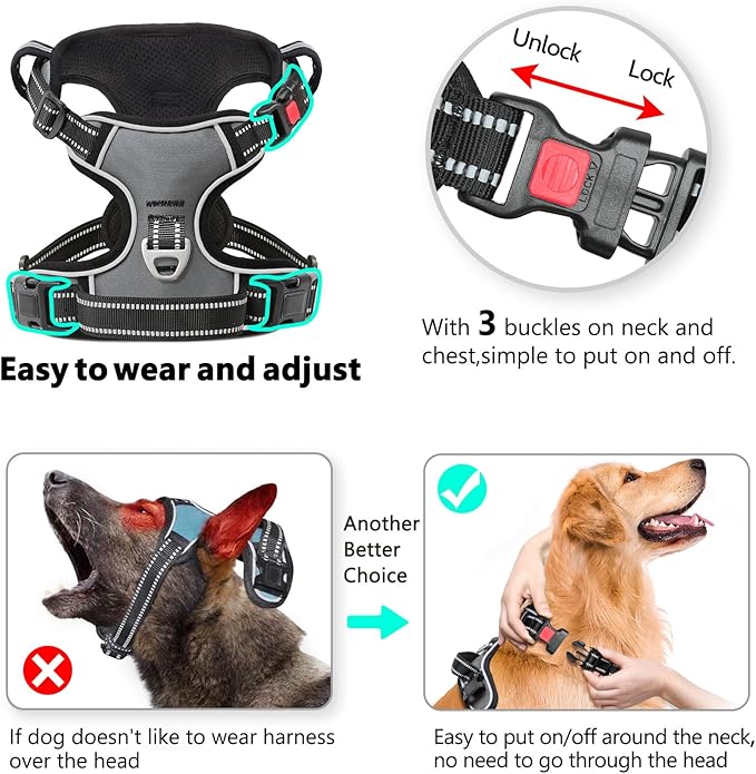 Timos Dog Harness Large Sized, No Pull with Neck Lockable Snap,No Choke Front Clip Dog Reflective Harness,Adjustable Metal Rings 3 Buckles,Easy Control Handle for Large Dogs Gray L