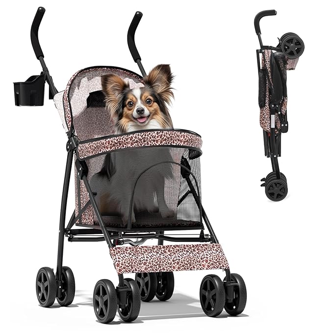 Magshion Compact Pet Stroller for Small-Medium Dogs/Cats up to 22lbs, 4-Wheel Lightweight Umbrella Shaped Portable Puppy Travel Jogger with Breathable Mesh, Cup Holder & Rear Storage, Leopard Print