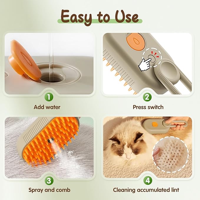 Cat Steam Brush for Shedding, 2025 New 3 in 1 Cat Brushes for Indoor Cats, Pet Steam Groomer Comb, Hair Water Brush Hair Removal Comb for Cats Dogs (White)