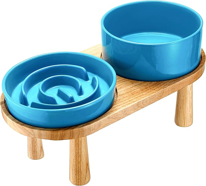 Ceramic Slow Feeder and Water Bowl Set for Small Dogs, Ceramic Dog Bowls Elevated with Wooden Stand, 0.6 Cups Dog Slow Feeder(14oz) and 30oz Water Bowl Set, Blue