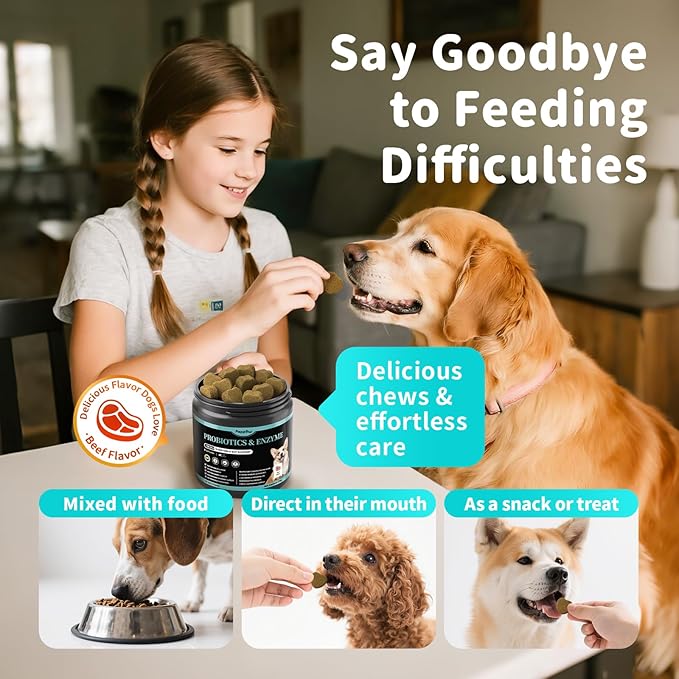 Probiotics for Dogs, Digestive Enzymes for Gut Health Support, Dog Fiber Supplement with Pumpkin for Diarrhea & Bowel Support, Upset Stomach & Gas Relief, Constipation - 90 Count Beef Flavor