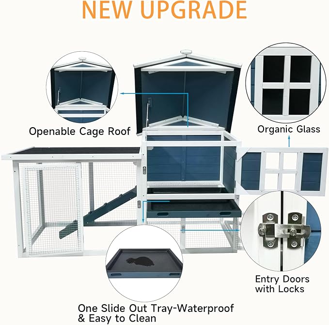 Large Outdoor Rabbit Hutch Weatherproof 2-Story Chicken Coop & Bunny Cage, Wooden Indoor/Outdoor Pet House with No-Leak Tray, Waterproof Roof & Pull-Out Tray (56.8" L x 34.7" H, Grey Blue&White)