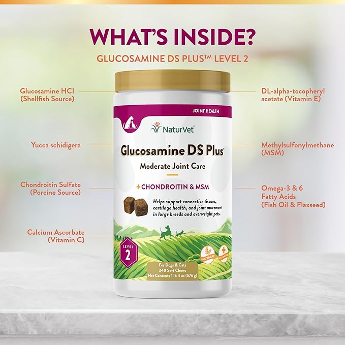 NaturVet – Glucosamine DS Plus - Level 2 Moderate Care – Supports Healthy Hip & Joint Function – Enhanced with Glucosamine, MSM & Chondroitin – for Dogs & Cats – 240 Soft Chews