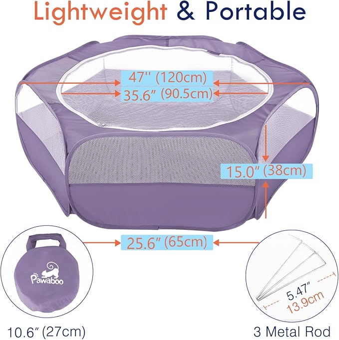 Pawaboo Small Animals Playpen, Waterproof Small Pet Cage Tent with Zippered Cover, Portable Outdoor Yard Fence with 3 Metal Rod for Chick/Kitten/Puppy/Guinea Pig/Rabbits/Hamster/Chinchillas, Purple
