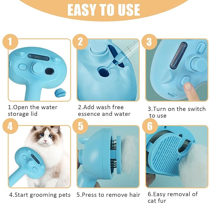 Cat Steam Brush for Shedding, Pet Steam Brush for Dog with Release Button,Anti-Static Pet Spray Hair Removal Comb,Cat Spray Comb for Long & Short Haired Pets,Blue