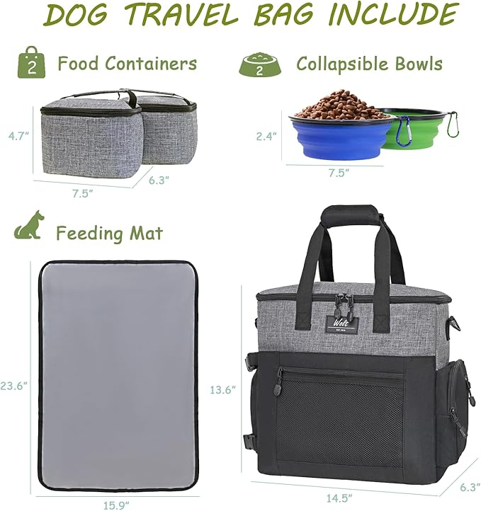 WOLT Dog Travel Bag Dog Bag for Traveling and Supplies with 2 Collapsible Bowls, 2 Food Containers, 1 Place Mat, Grey