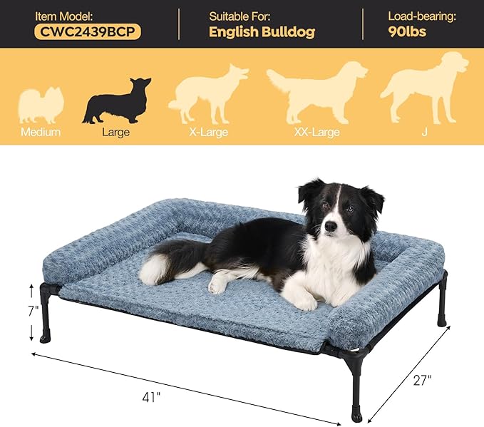 Veehoo Cooling Elevated Dog Bed Add Removable Deluxe Rose Plush Bolster Cushion Mat, 41" x 27" Washable Dog Couch Bed, Raised Pet Cot with Breathable Teslin Mesh, No-Slip Feet, Haze Blue, CWC2439B