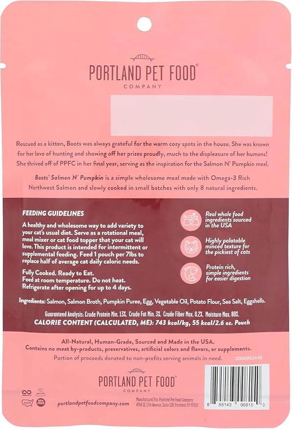 Human-Grade Mixed Variety Pack Wet Cat Food Pouch Boots' Salmon N' Pumpkin - Moist, Soft Cat Food Mixer, Topper, and Rotational Meal by Portland Pet Food Company -12 Pack