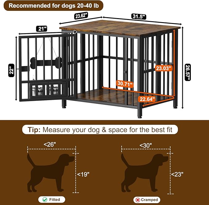 Easycom 31" Dog Crate Furniture Foldable, No Assembly Decorative Dog Kennel Indoor, Dog Crates for Small Dogs (20-40 lbs), Wooden Dog Cage with Adjustable Bowls and Name Tag, End Table, Rustic Brown