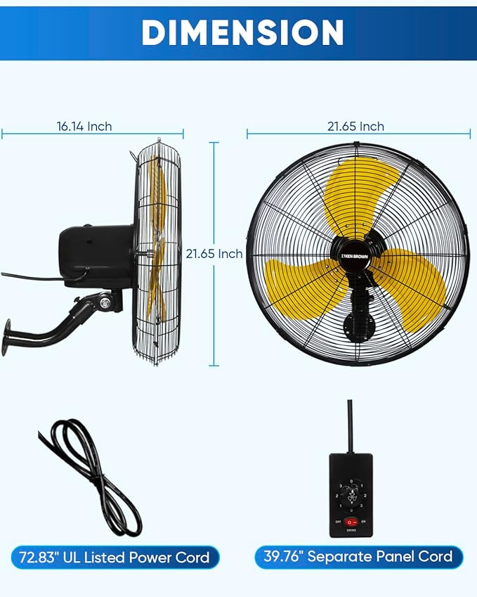 KEN BROWN 20 Inch Oscillating Wall Mount Fan, 4,460 CFM High Velocity Industrial Wall Fan for Indoor, Commercial, Residential, Warehouse, Greenhouse, Workshop, Basemen